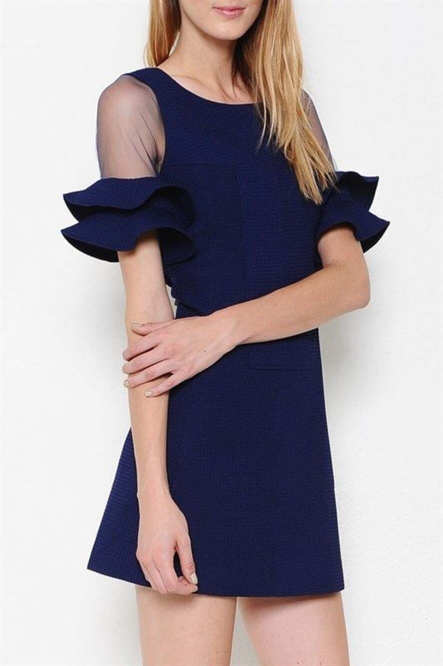 L'Atiste by Amy Navy Textured Sheath Cold Shoulder Mini Dress with Mesh Sleeves